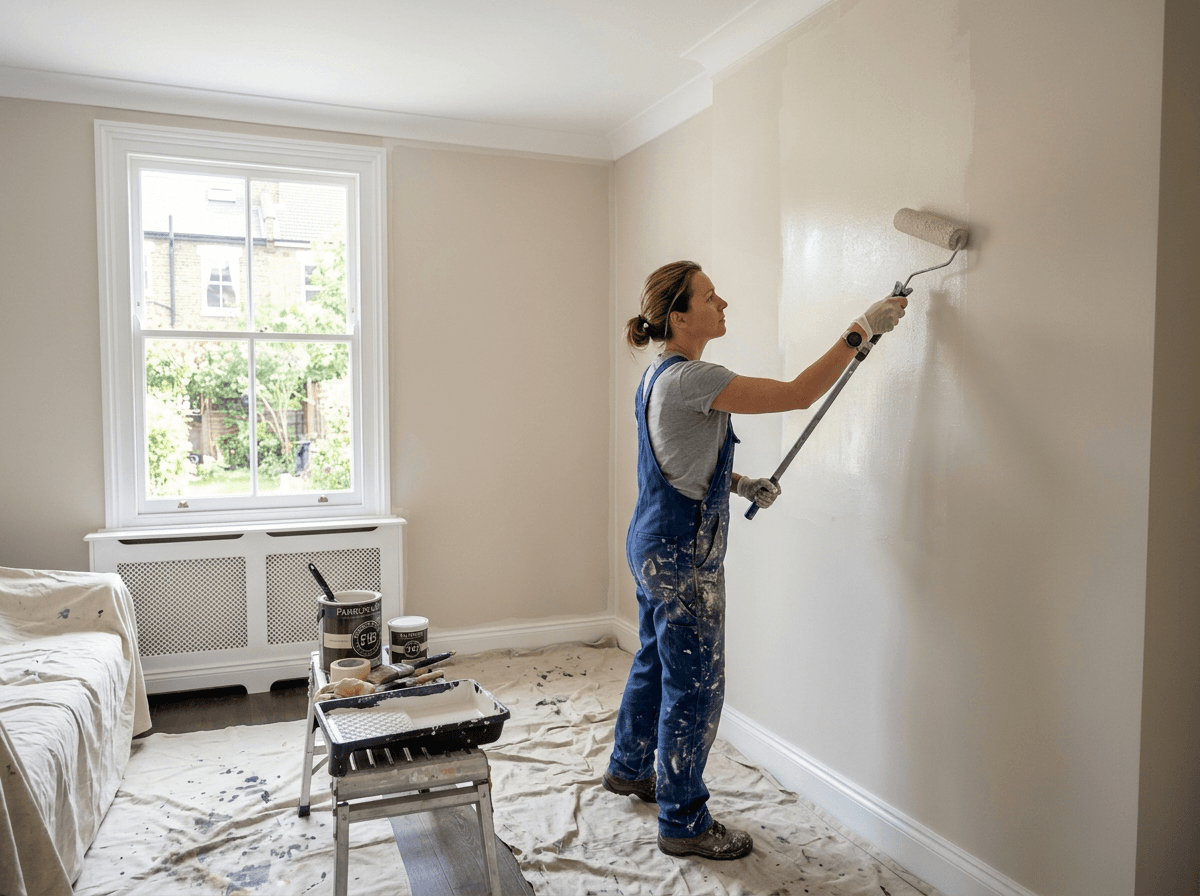 Professional painter rolling fresh neutral paint onto a smooth interior wall