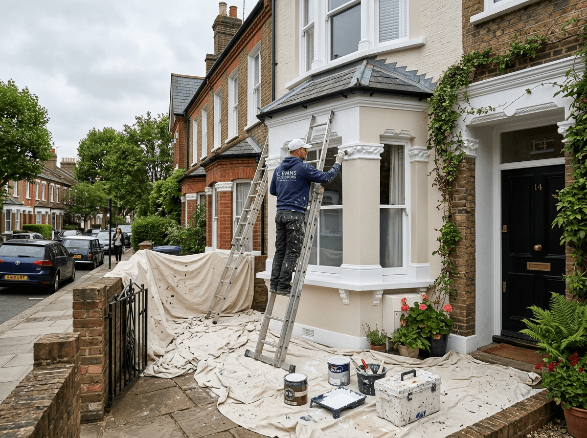 Decorator painting exterior render and sash windows on a Victorian SW London terrace