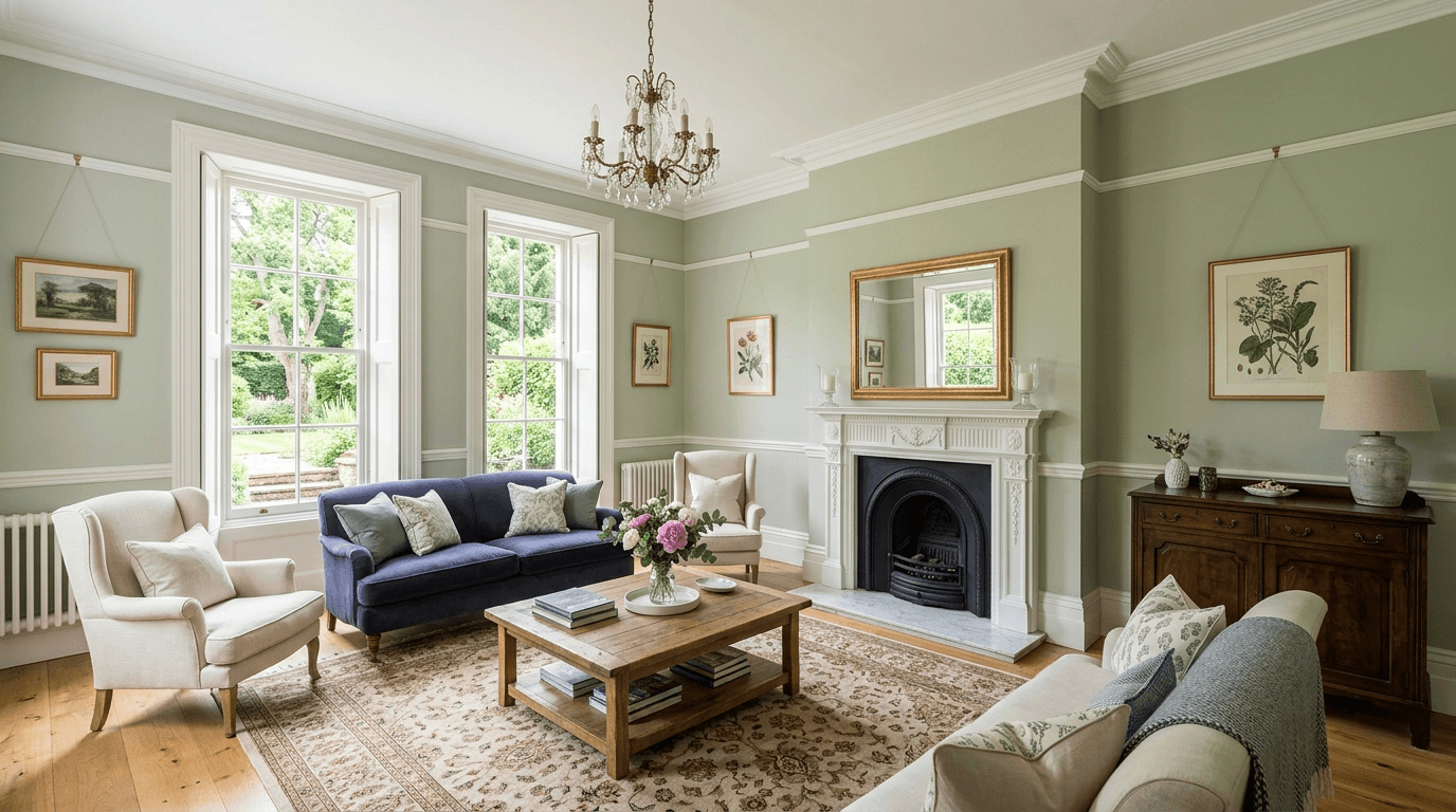 Beautifully repainted period reception room in a Surrey home, freshly decorated walls and woodwork