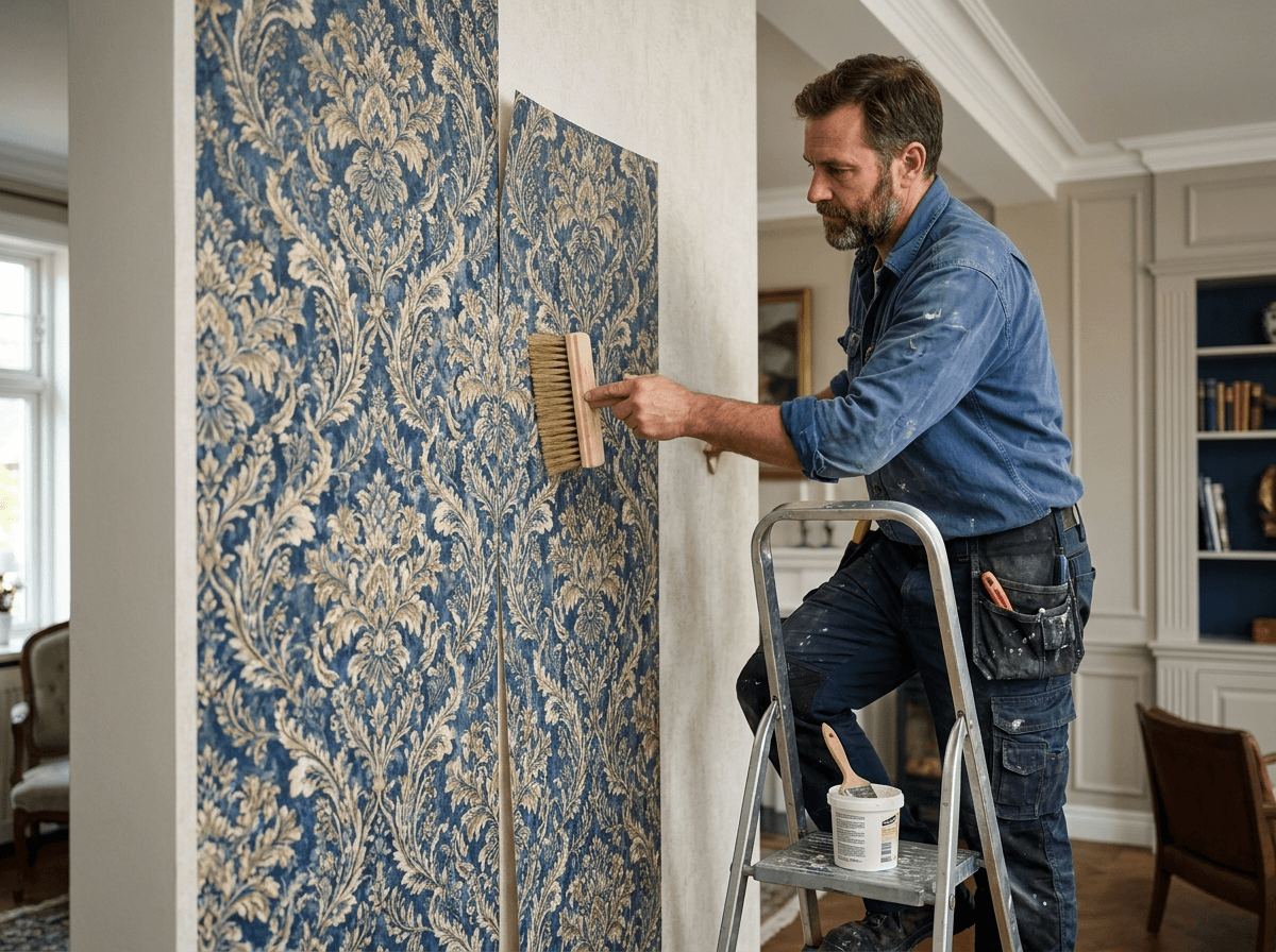 Painter hanging premium wallpaper on a feature wall with precise pattern alignment