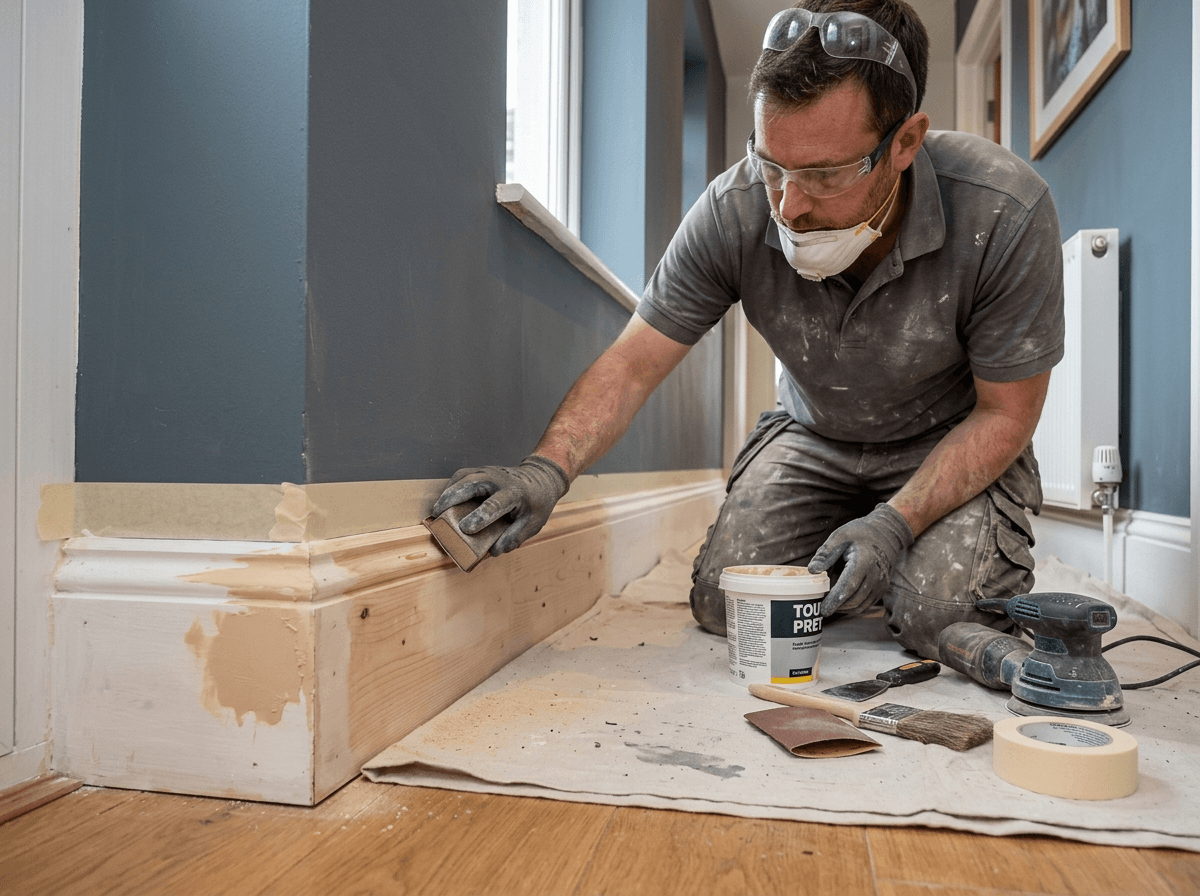 Decorator sanding and filling woodwork and skirting during surface preparation
