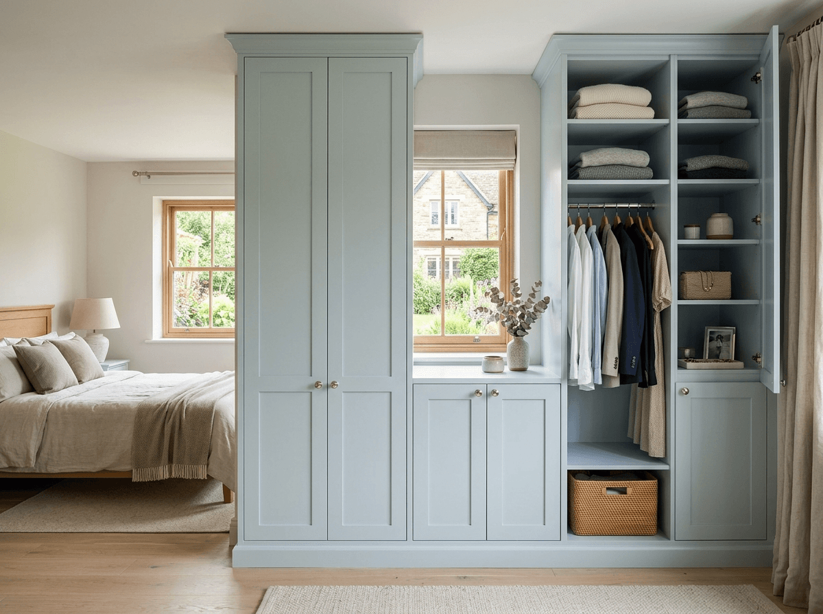 Freshly sprayed built-in alcove wardrobe units in a Surrey bedroom, smooth painted finish