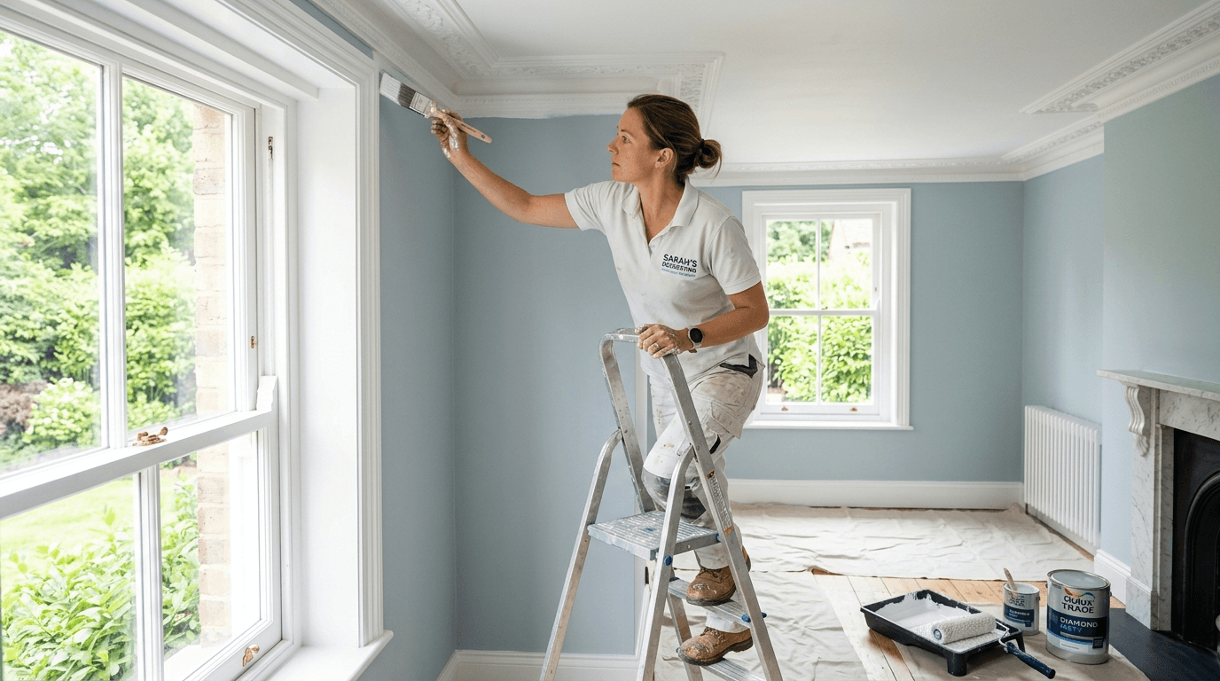 Painter cutting in crisp white emulsion in a freshly decorated Surrey period living room
